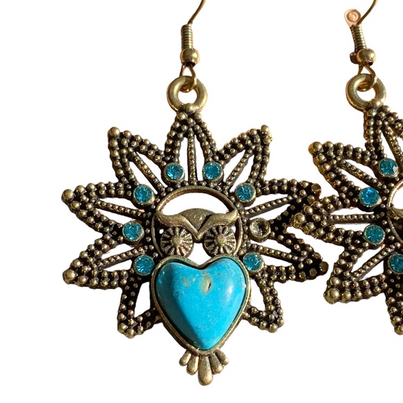 Antique Gold and Turquoise Owl Drop Earrings - Picture 2 of 4